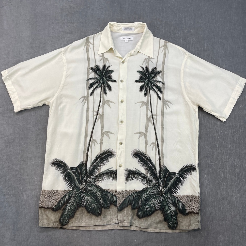 Pierre Cardin Mens L Cream Button Up Tropical Palm Tree Bamboo Rayon Shirt